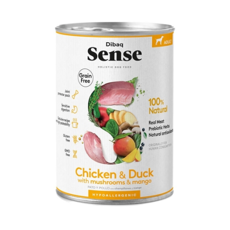 Dibaq Sense Lata Dog Grain Free Pollo, Pato, Champiñones y mango 380gr