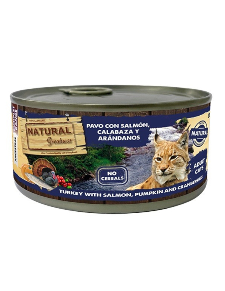 Natural Greatness Lata de Salmón Pavo Calabaza Arándanos para Gatos 1,85Ggr