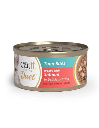 Dúo Atún con Salmón de carne con toppings para gatos Catit Cuisine Duet 75gr