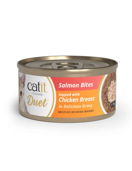 Dúo de Salmón con Pollo carne con toppings para gatos Catit Cuisine Duet 75gr