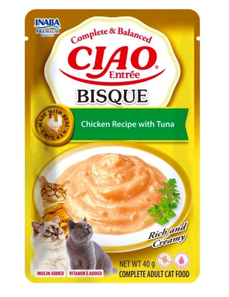 Churu gato entree bisque receta de pollo con atún 40g